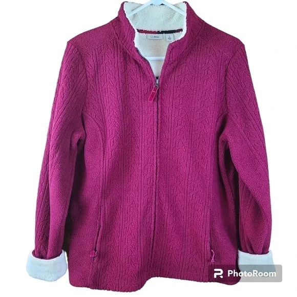 LL Bean women's cable knit 1/4 zip Pullover Sweater fleece collar and cuffs L - Picture 1 of 14